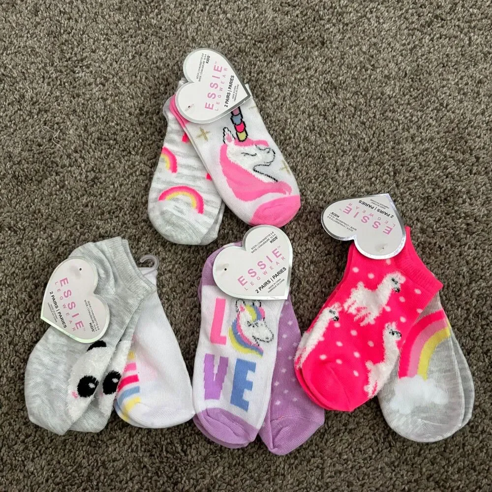 Essie Kids No Show Socks 8 Pair Lot Unicorn Llama Rainbow Kids Shoe 10.5-4
